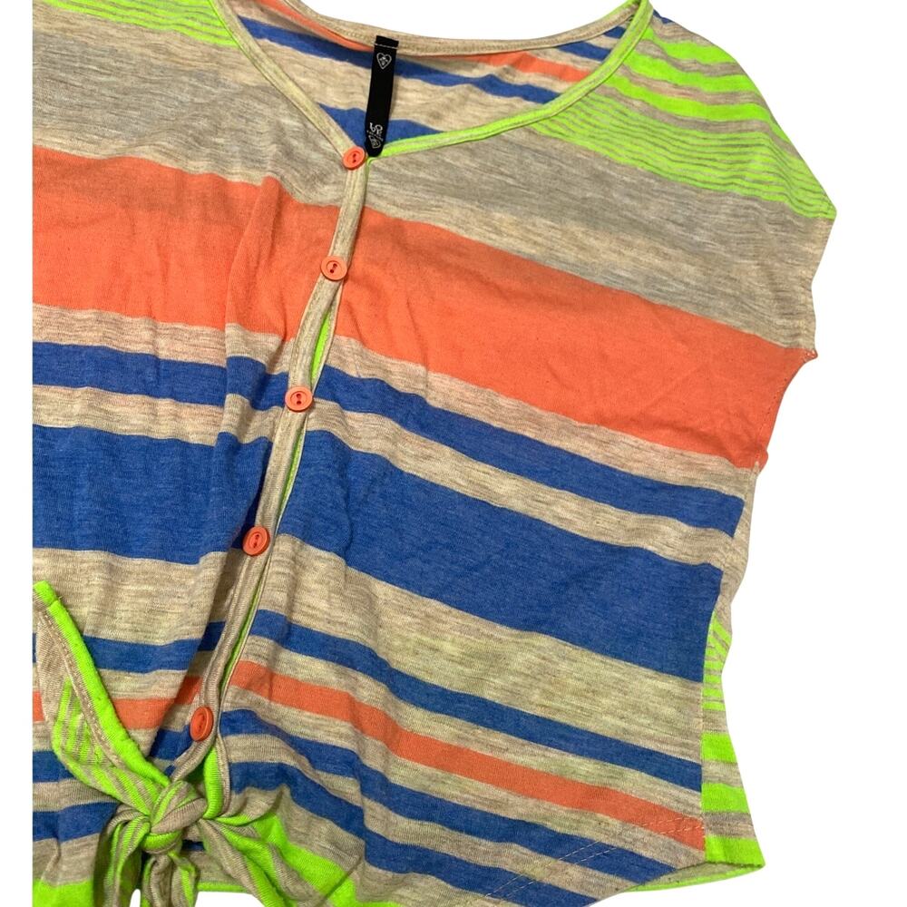 Women's Short Sleeve Shirt Tie Front Striped Bright Colorful short sleeve S neon